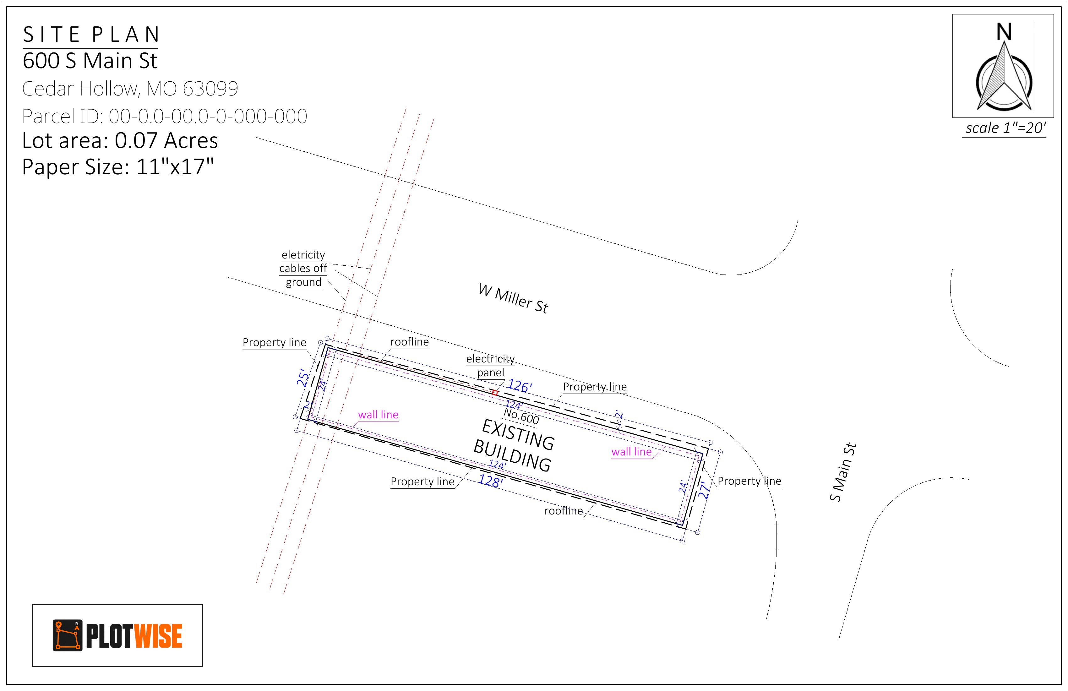 Real 11 by 17 site plan at 1 inch equals 20 feet showing property lines of 126, 128, 25 and 27 feet, the existing building wall lines, overhead electric lines, adjacent streets, north arrow and scale